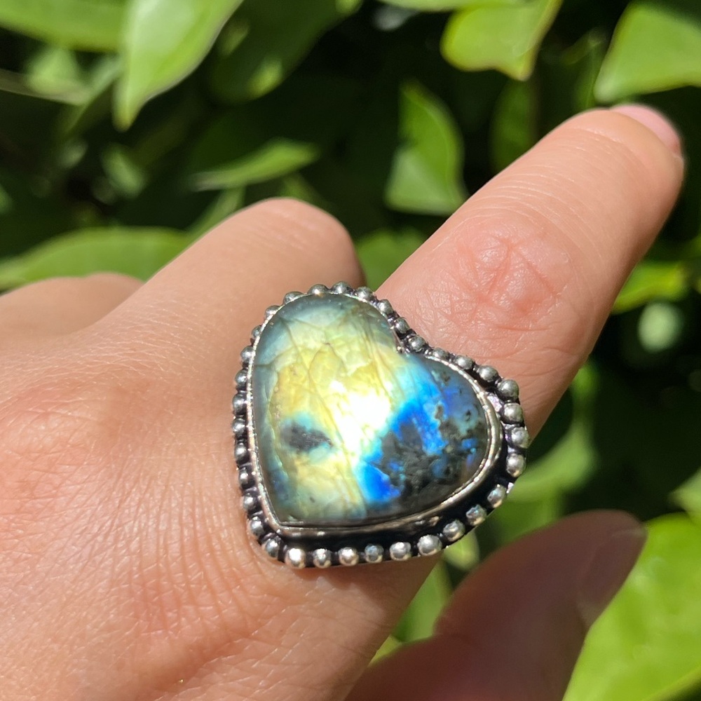 Size 9.5 925 silver plated labradorite heart ring 2240